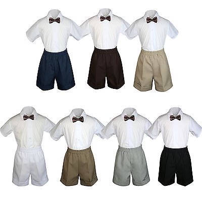 

3pc Set Boy Toddler Formal Party Brown BowTie White Navy Black Khaki Shorts S-4T