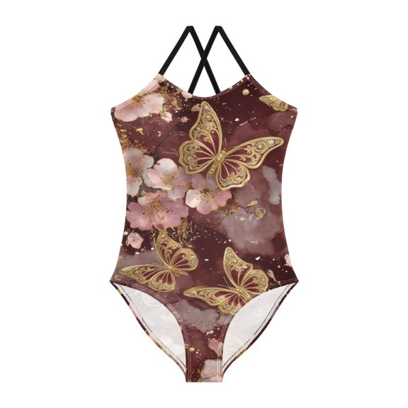 BZSMCE One-Piece Swimsuit with Crisscross StrapsGolden Butterfly Bloom Pattern