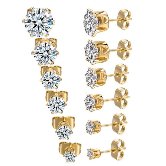 GEMSME 18K Yellow Gold Plated Round Cubic Zirconia Stud Earrings for Women Men 3-8mm Pack of 6