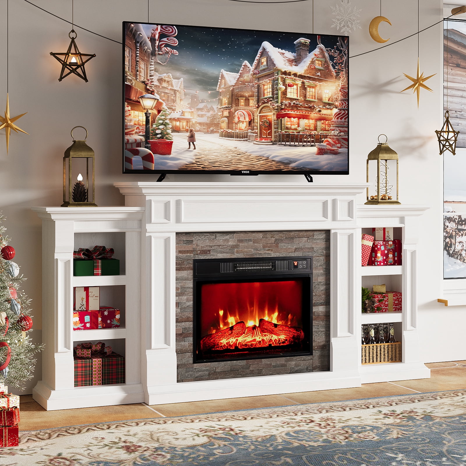 Electric Fireplace with 70" Mantel, Stacked Stone Surround with 23" Fireplace Insert, Adjustable Flame, Remote Control, White & Brown