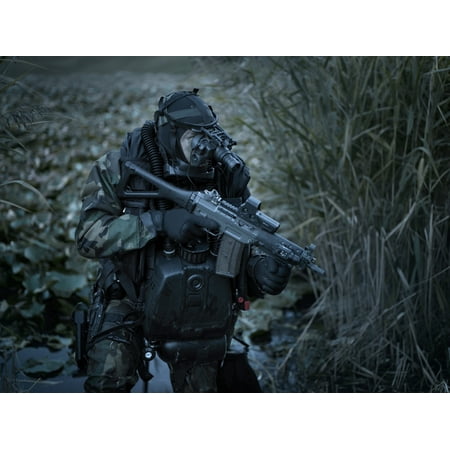 - US Navy SEAL equpped with night vision during a surveillance operation Poster Print