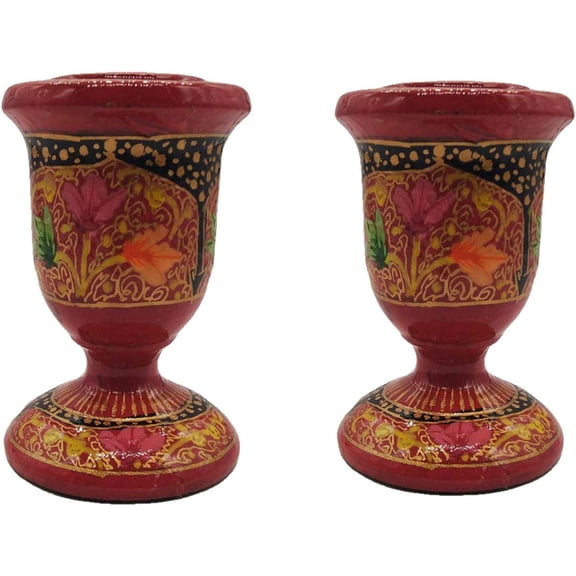 India Meets India Christmas Handmade Papier Mache Candlestick Stand Set of 2, Pillar Candle Holder, Best for Gifting, Made by Awarded Indian Artisans (Red1)