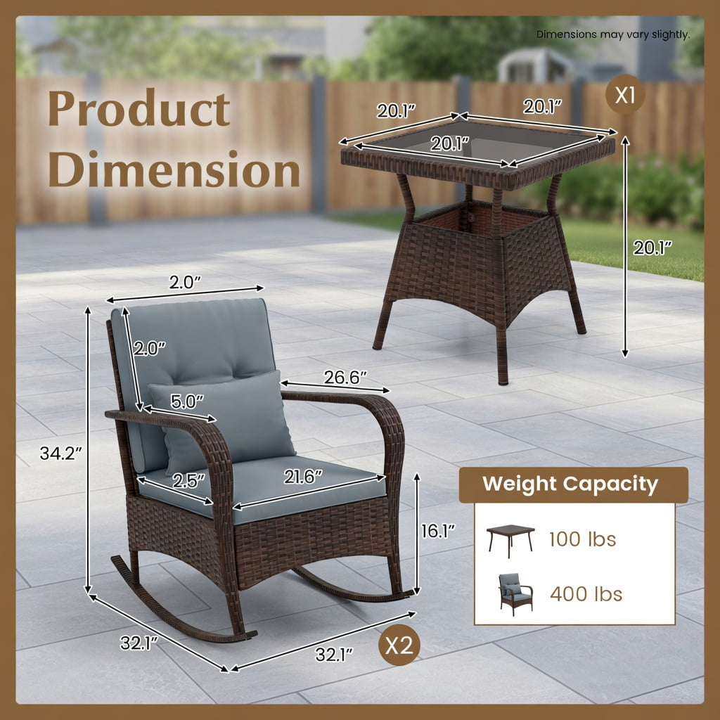 Hommoo 3-Piece Outdoor Rocking Chair Set with Tempered Glass Coffee Table, PE Rattan Patio Furniture for Backyard, Poolside & Porch, Gray