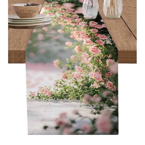 Pink Roses Spring Floral Table Runner 70 Inches, Summer Botanical Flowers Bed Runner Dresser Scarves Tabletop for Indoor Outdoor Parties/Ceremony/Banquet, 13" x 70"
