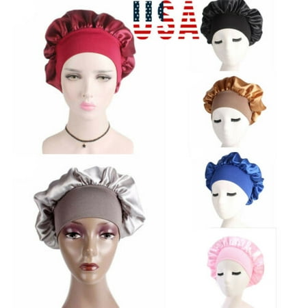 Women Satin Bonnet Cap Night Sleep Hair Protect Head Cover Wide Band Adjust Hats