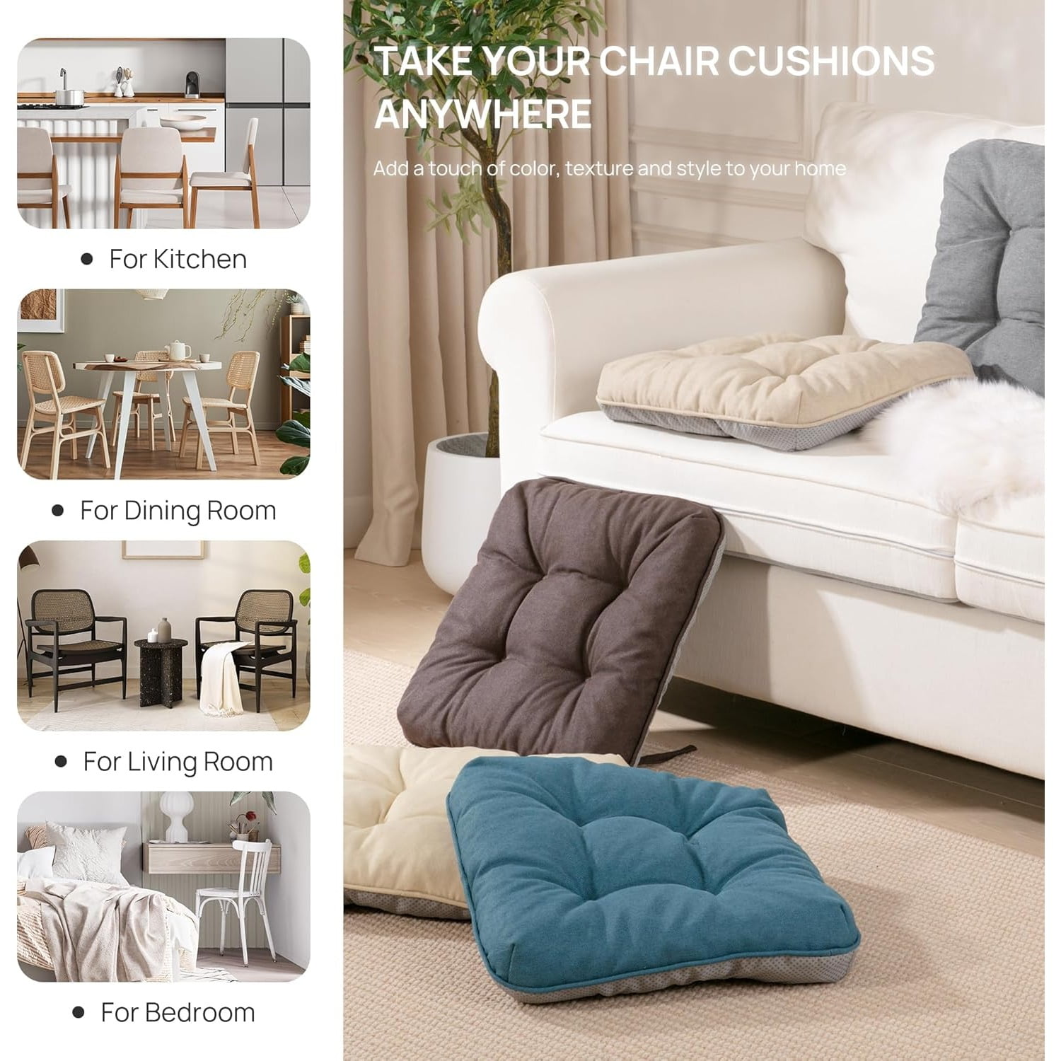 Memory Foam Chair Cushions Set of 4, Outdoor/Indoor Chair Pads for Dining Chairs 4 Pack, Seat Cushions for Kitchen, Dining Room, Office, Patio Chairs, 15.5"x15.5"x3.5"