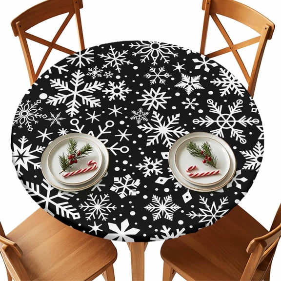 Christmas Round Tablecloth Christmas Snowflake Tablecloths with Elastic Edge Fitted Winter Snow Black Table Cover,Waterproof Oil Proof for Dinner,Outdoor, Picnic, Party Fits 36"- 44" Diameter