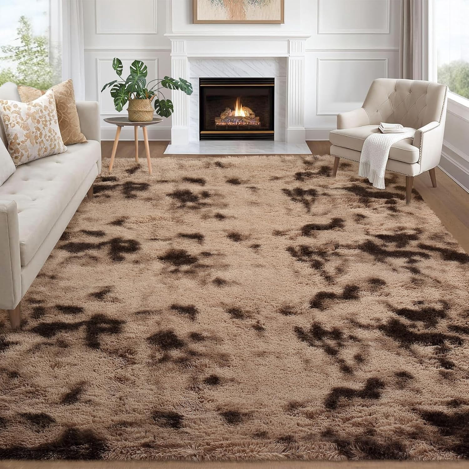 Memoryfield 6' x 9' Area Rug, Tie-Dye Plush Non-Skid Rug, for Bedroom Living Room Nursery, Brown