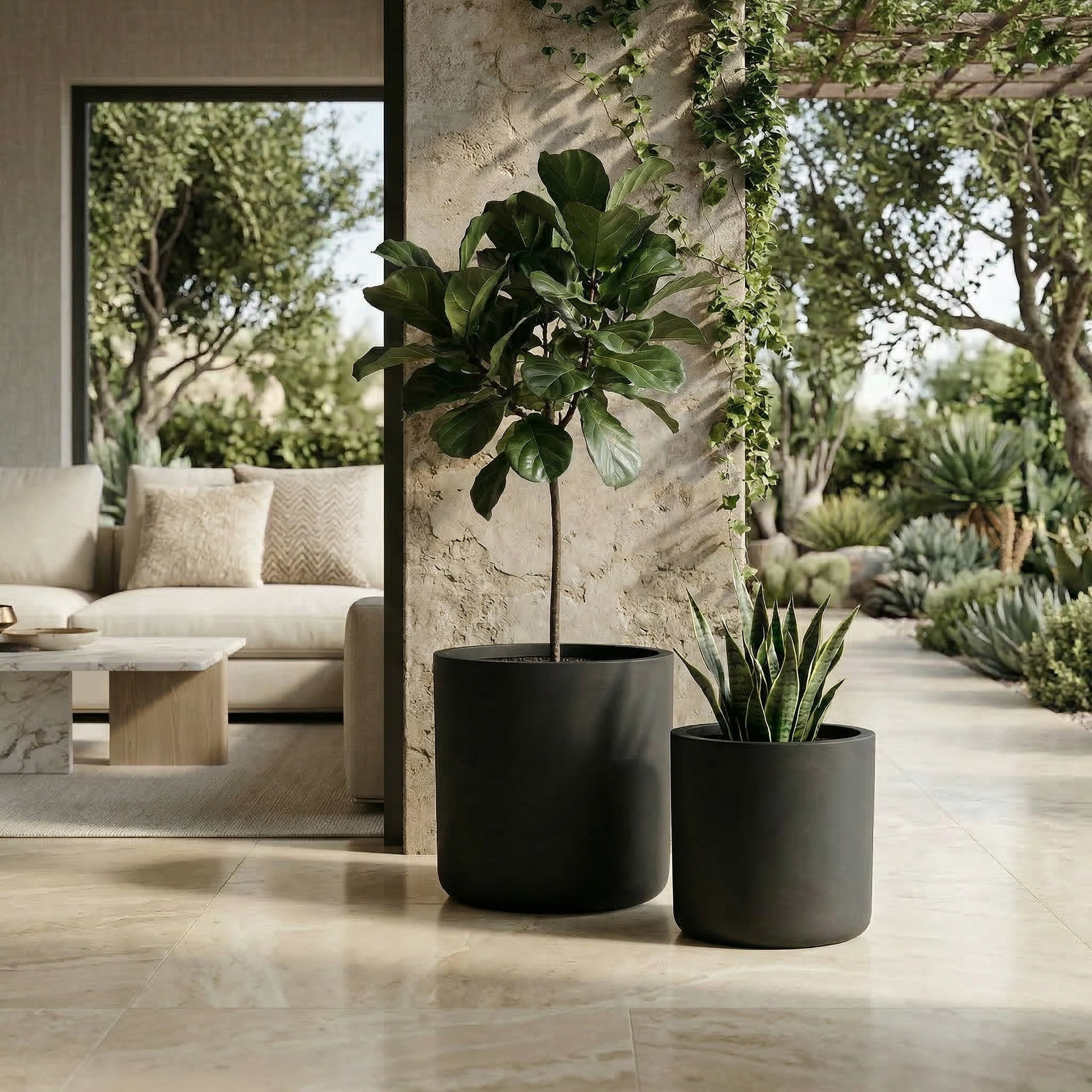 Concrete Planter, 2 Pack Round Flower Pot with Drainage Hole for Garden Balcony Patio Yard, Black