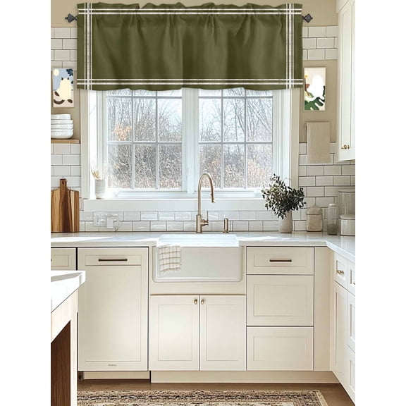 Kitchen Valances for Window, Minimalist Art Solid Color Light Filtering Rod Pocket Valance Curtain, Pure Olive Dark Green Short Curtains Window Topper for Bedroom Bathroom Living Room 54x18in