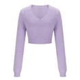 thumbnail image 4 of Women's Fuzzy Fleece Long Sleeve V Neck Crop Sweater Casual Plain Slim Fit Warm Knitwear Sweater Tops, 4 of 9