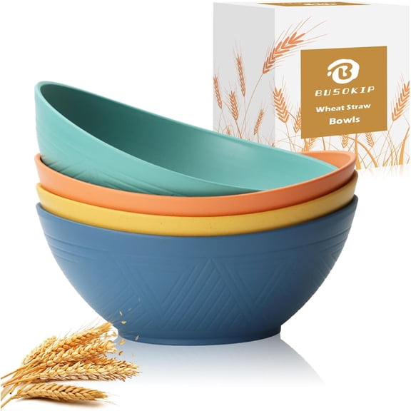 65 OZ Wheat Straw Bowls Set of 4, Large Unbreakable Salad Bowls, Microwave & Dishwasher Safe Big Serving Bowl, Kitchen Bowl Mixing for Popcorn, Cereal, Soup and Oatmeal (Multicolor)