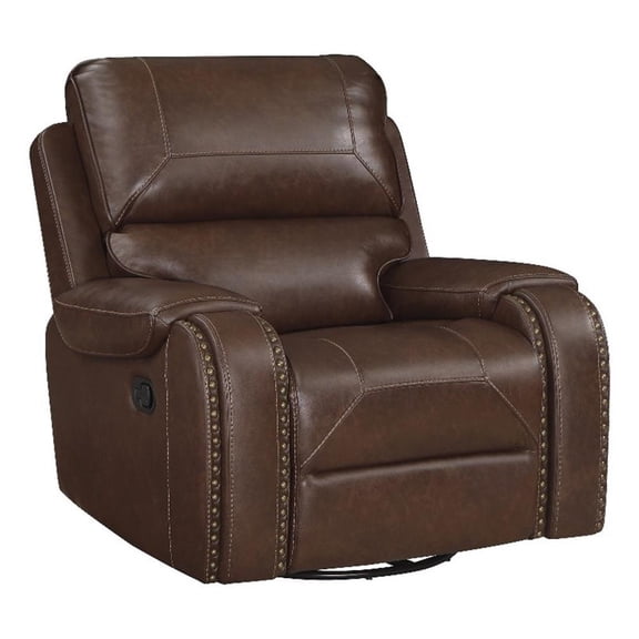 Pemberly Row Faux Leather Swivel Glider Manual Reclining Chair in Brown