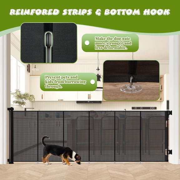 42 Inch Tall Retractable  Gate  Wide 118 Mesh Safety Barrier for Dogs Kids Indoor Outdoor with Reinforced Strips and One-Hand Lock