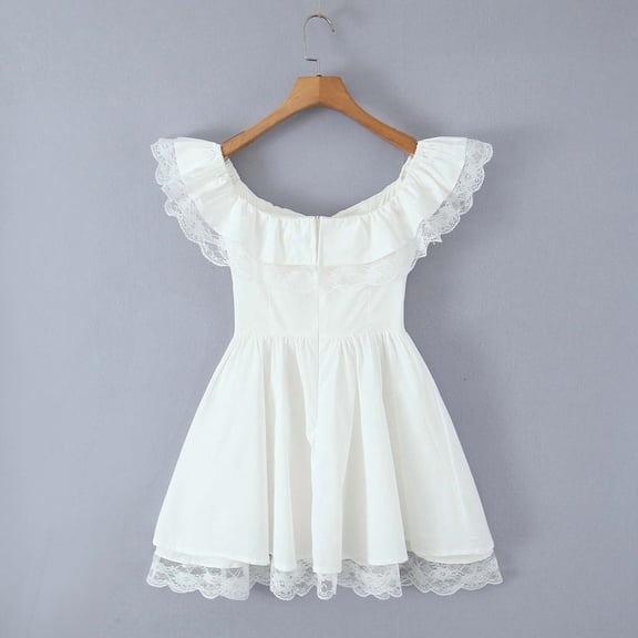 asdoklhq Women Spring Dresses Fashionable Women's Solid Color Short Sleeved One Shoulder Patchwork Lace Waist Cinching Dress White S