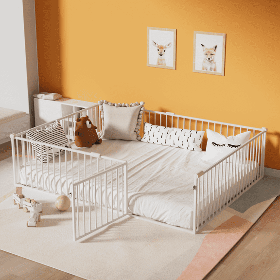 Montessori Floor Bed with 20.6" High Safety Fence & Anti-Collision Cotton, Durable Metal Frame for Toddlers, Convertible Play & Sleep Space, White