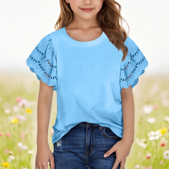 CQONEPT Girl's Summer Tops Crewneck Ruffle Sleeve Tee Hollow Out Blouses Teens Girls Dressy Casual Shirts Sky Blue 170