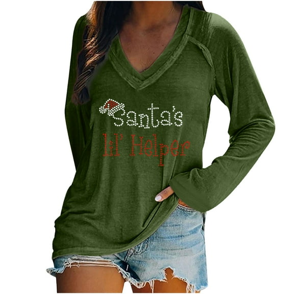 Fesfesfes Women Causal V-Neck Tops Printing Blouse Long Sleeve Shirt Loose Xmas Tops Clearance