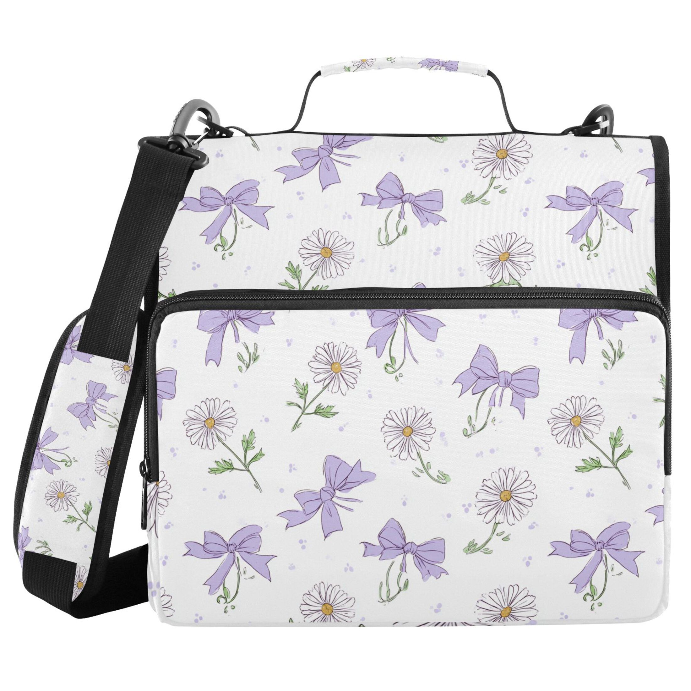 Zipper Binder Purple Bows and White Daisy 1.5 Inch Binder Folder Bag with Shoulder Strap and Handle