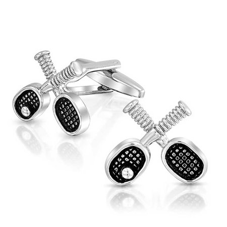 Mens Stainless Steel Plated Vintage Style Tennis Racket and Ball Cufflink Set