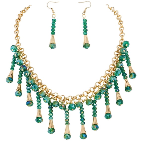 Bocar Necklace for Women, Statement Necklace with Earrings, Collar Necklace, Beaded Necklace with Pendant and Crystal Ball, Jewelry Set for Women Gifts (NK_10691_Green_set)