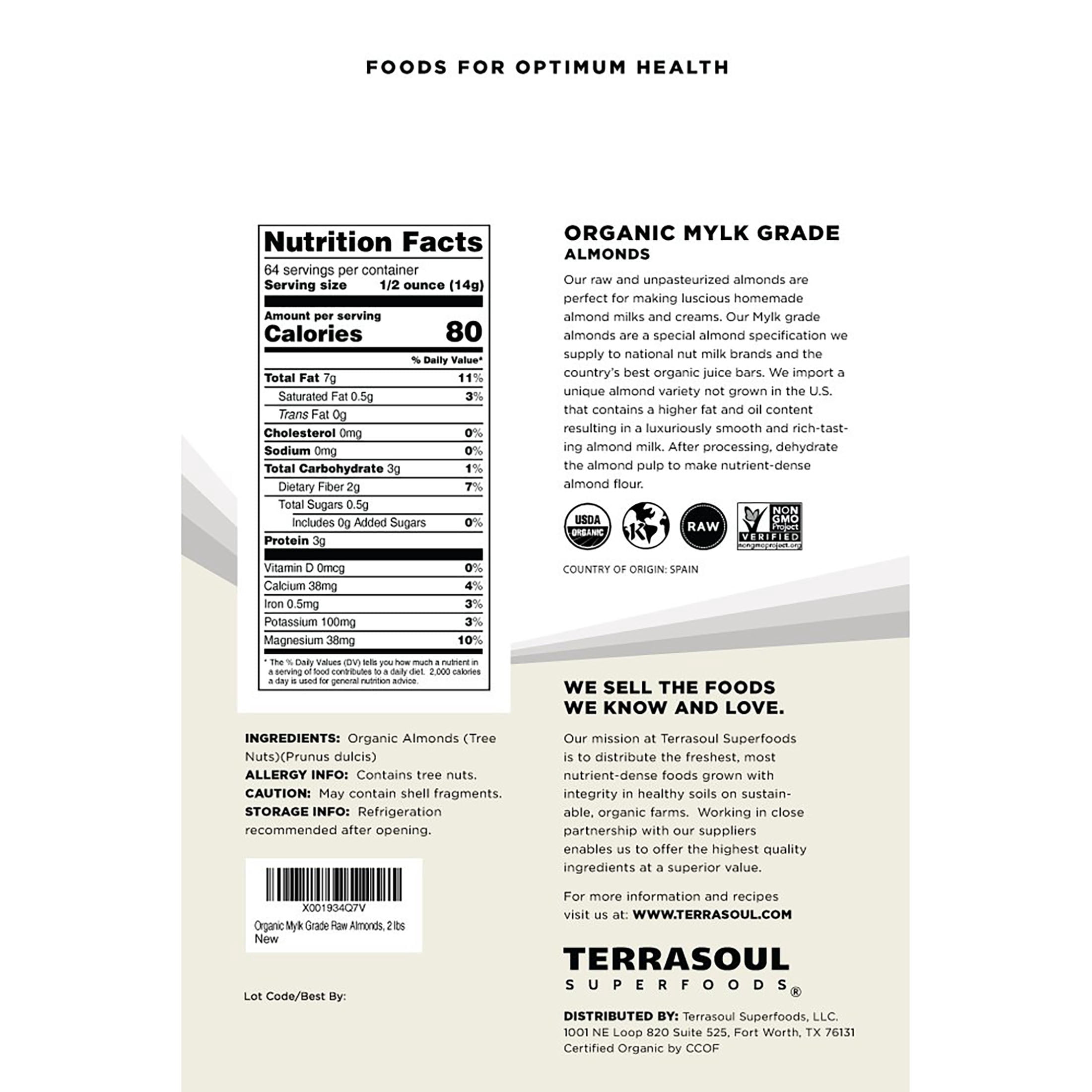 Terrasoul Superfoods Organic Raw Unpasteurized Almonds (Mylk Grade), 6 Lbs (2 Lbs 3-Pack)