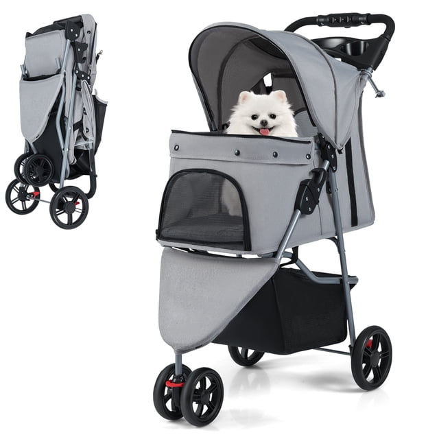 Gymax Foldable Pet Stroller Adjustable Cat Strolling Cart w/ Adjustable Canopy 3 Shock-absorbing Wheels Grey