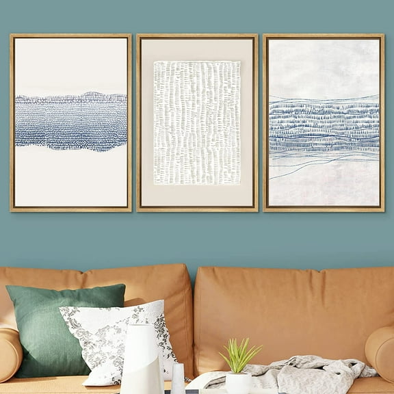 IDEA4WALL Framed Canvas Print Wall Art Set of 3 Blue White Grunge Geometric Pattern Abstract Shapes Cozy Neutral Modern Art Decorative Contemporary Minimal for Rooms - 24"x36"x3 Natural