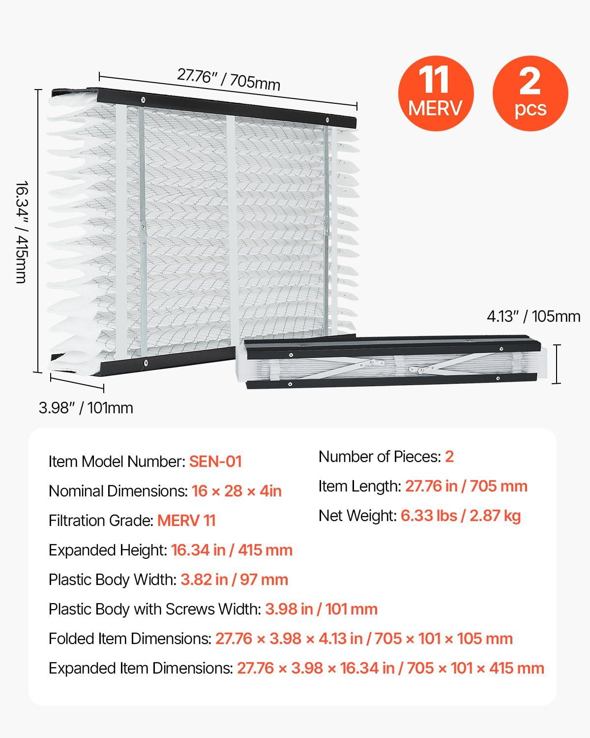 16x28x4 MERV 11 Air Filters 2-Pack - Electrostatic Pleated HVAC Furnace Filters for Home AC & Heating Systems - Allergen & Dust Reduction