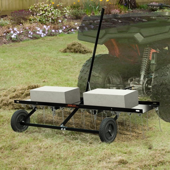 Tow-Behind Lawn Dethatcher 48-inch – 24 Steel Tines, Dethatching Rake for ATV, Riding Mower or Tractor, Heavy Duty Grass Rake for Farm, Garden & Yard