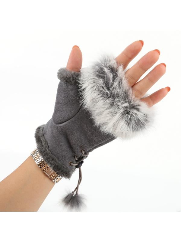 leather and fur fingerless gloves