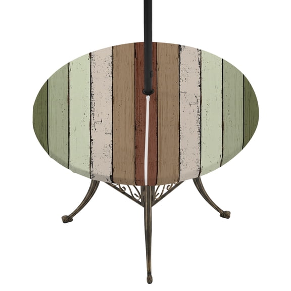 Round Outdoor Tablecloth with Umbrella Hole and Zipper, Sage Green Fitted Table Cover with Elastic Edge for 31-35 Inch, Farmhouse Wood Grain Vintage Brown Striped Waterproof Patio Tablecoths