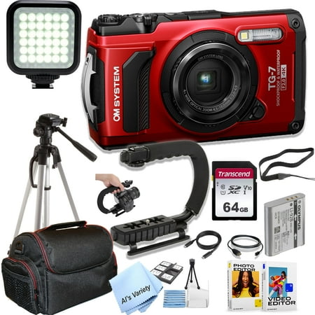 OM SYSTEM Tough TG-7 Digital Camera (Red) + 64Gb Memoey + U-Grip Stabilizer + Case + Tripod + LED Video Light + More (Video Bundle)