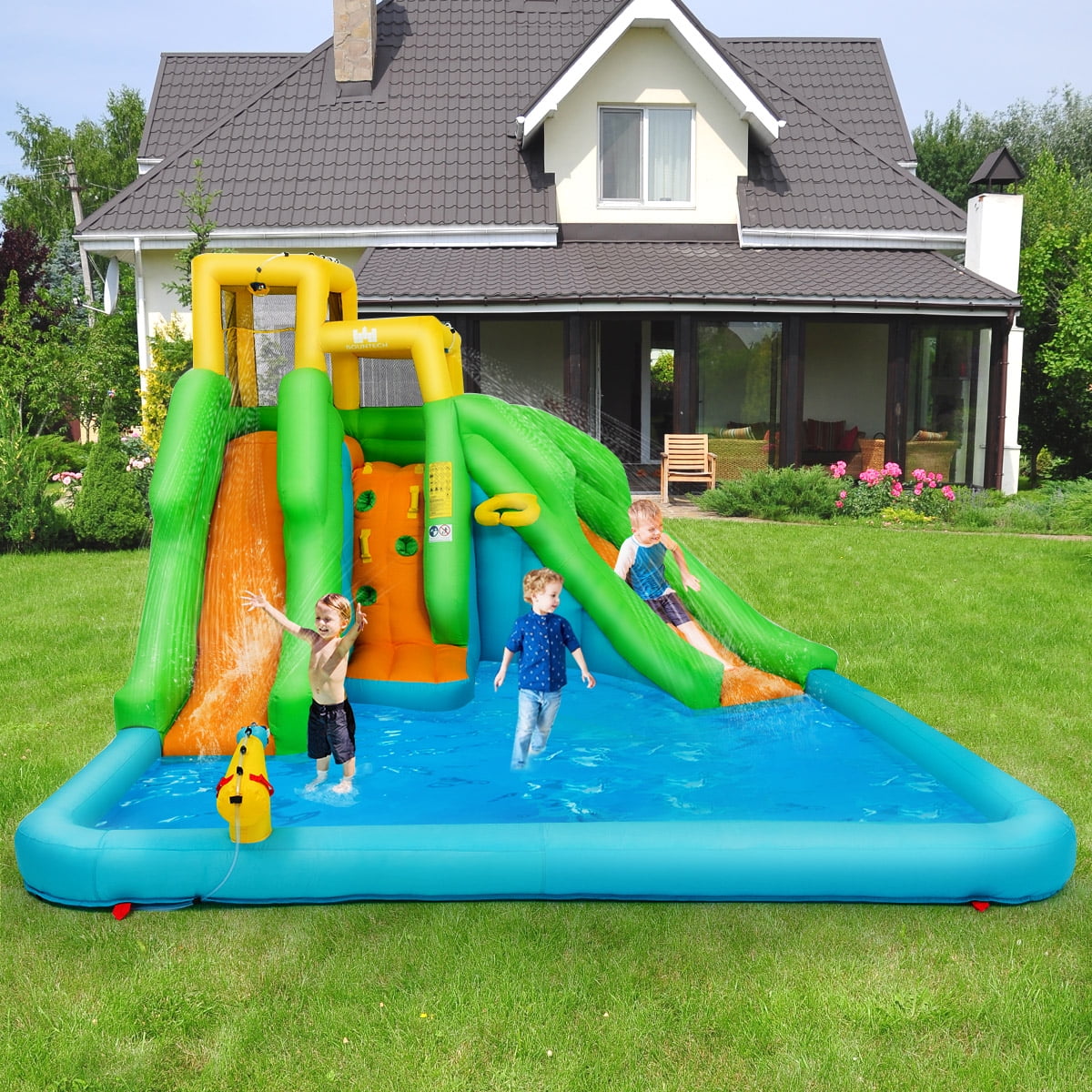 Costway Inflatable Water Park Bounce House Two-Slide Bouncer with Climbing Wall & 480W Blower