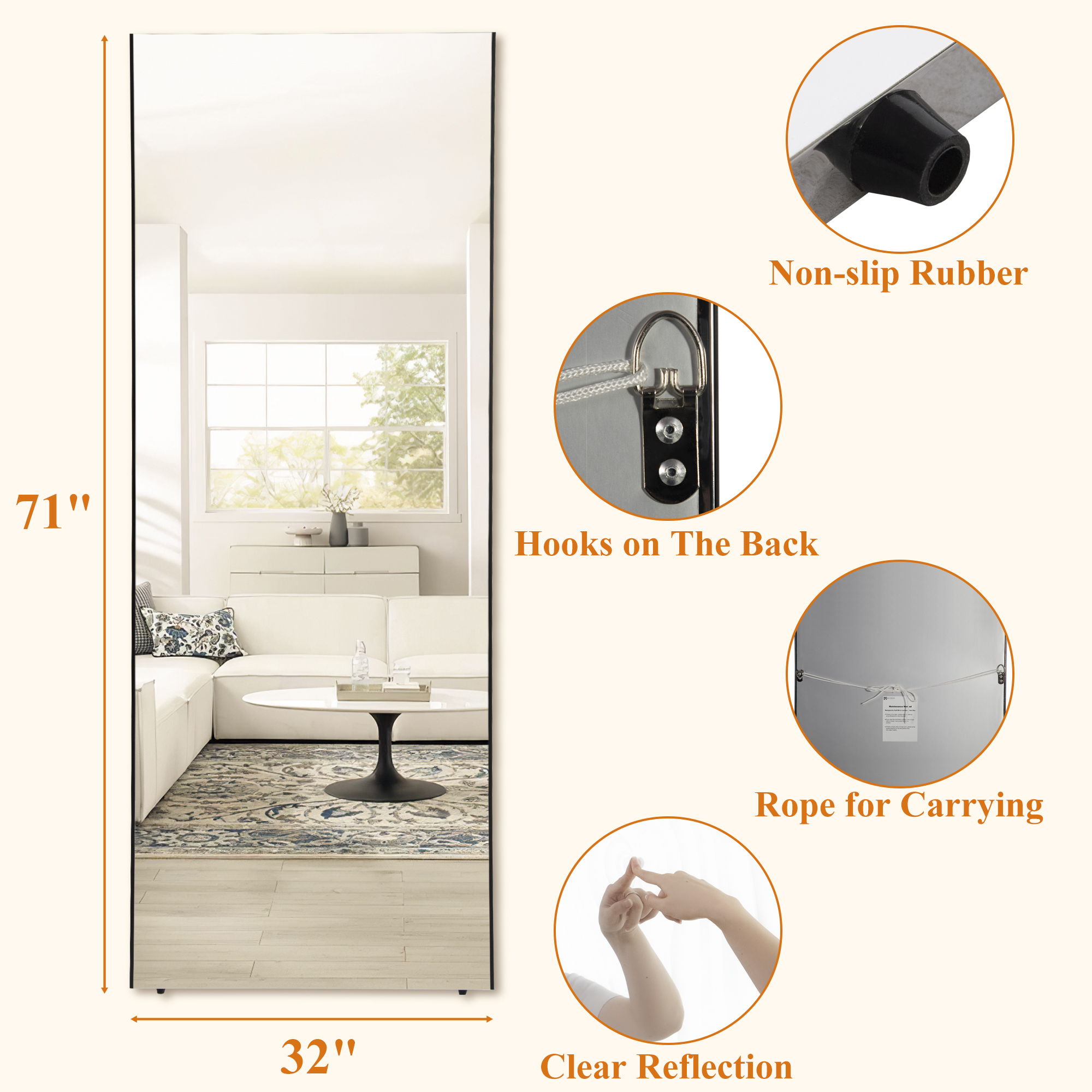 71"x32" Home Decorative Unbreakable Full Length Mirror for Kids,Black