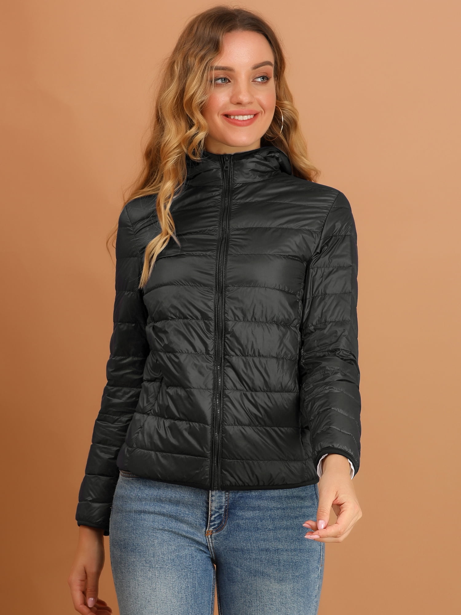 DARING DIVA Women's Hooded Zip Up Short Down Lightweight Jacket XL Black
