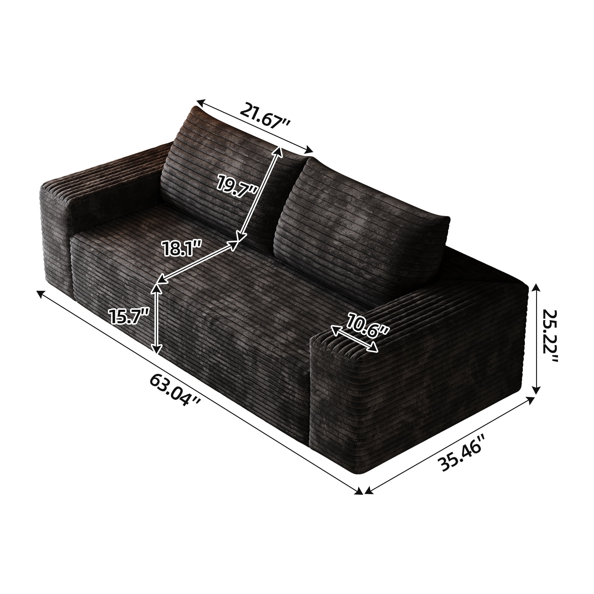 Miniyam 63" Compression Sofa 2 Seats Sofa, Deep Seat Couches for Living Room, Bedroom, Apartment (Black)