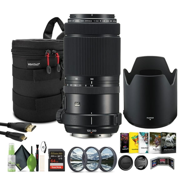 FUJIFILM GF 100-200mm f/5.6 R LM OIS WR Lens   67mm Professional 3 Piece Filter Kit   Memory card 64GB  USB Card Reader, SD/microSD   Corel Photo, Video, & Art Suite Deluxe   8 inch Lens Case   More