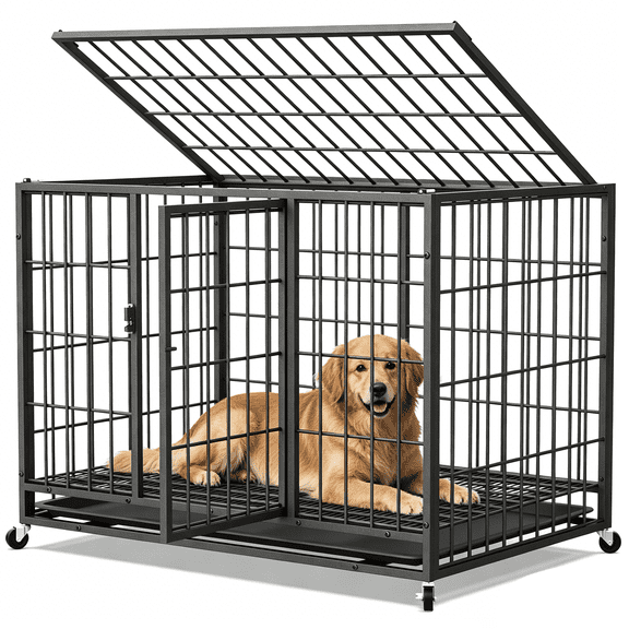 TIME RAY 38" Metal Wire Dog Crate for Large Dogs with Tray and Double Door, Dog Cage for Yard Indoor Outdoor Use,XL Dog Cage Kennel,Black