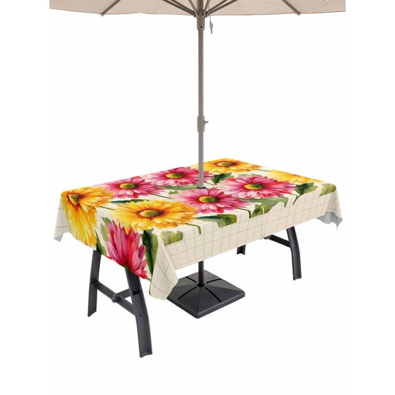 Outdoor Tablecloth with Umbrella Hole for Patio/Picnic/Party/Camping, Watercolor Daisy Waterproof Table Cloth Rectangle Table Cover Washable, Farmhouse Red Yellow Floral Yellow Plaid (54"x 80")