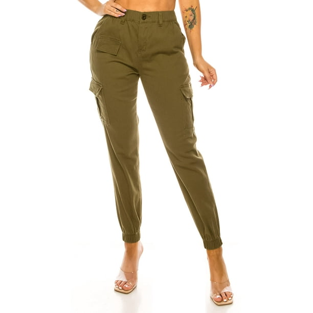Double Denim Women's Cargo Jogger Casual Elastic High Waist Sweatpants Tapered Leg Fatigue Pants