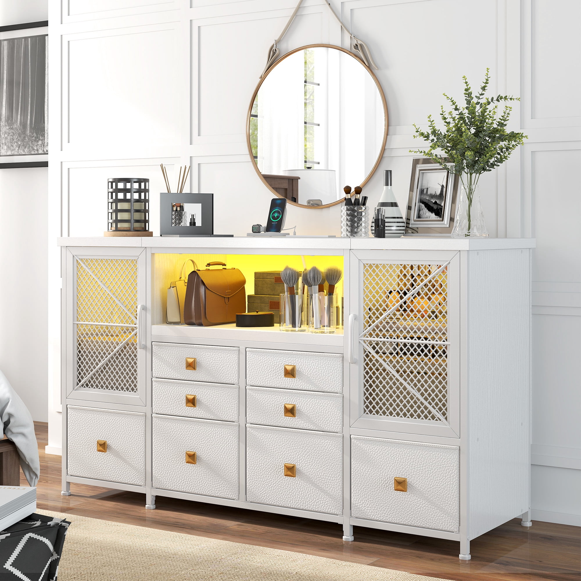 Romorgniz White Dresser for Bedroom with 8-Drawers,TV Stand for 60"TV with LED Lights & Power Outlets,Mesh Door