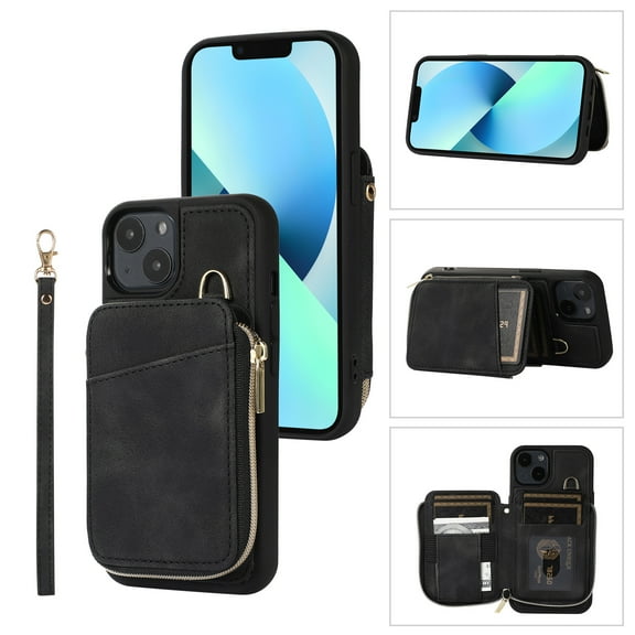 Dteck for Apple iPhone 13 Zipper Wallet Case, Magnetic Clasp Zipper Purse PU Leather Wallet Case with Credit Card Slot Holder Back Flip Cover, black