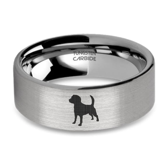 Beagle Dog Pet Hound Laser Engraved Silver Tungsten Ring, Brushed, 8mm, Size 15