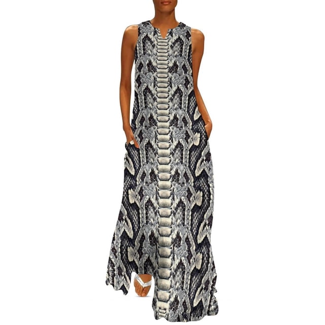 Robe en Peau de Serpent Été Noir et Rouge Python Esthétique Décontractée Longues Robes Femmes Robe Maxi Tendance Idée Cadeau