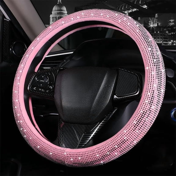 Bling Diamond Steering Wheel Cover, Holographic Leather with Cute Sparkly Crystal Glitter Rhinestones Universal 15 Inch for SUV Truck, Gifts for Women, Pink