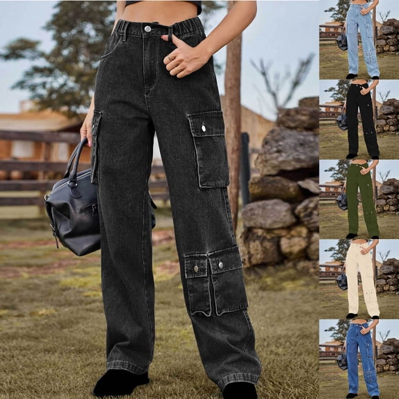 Hfnxid Cargo Pants for Women Stretch High Waisted Jean Fashion Solid Color Wide Leg Denim Pant Casual Business Work Trouser Light Blue S