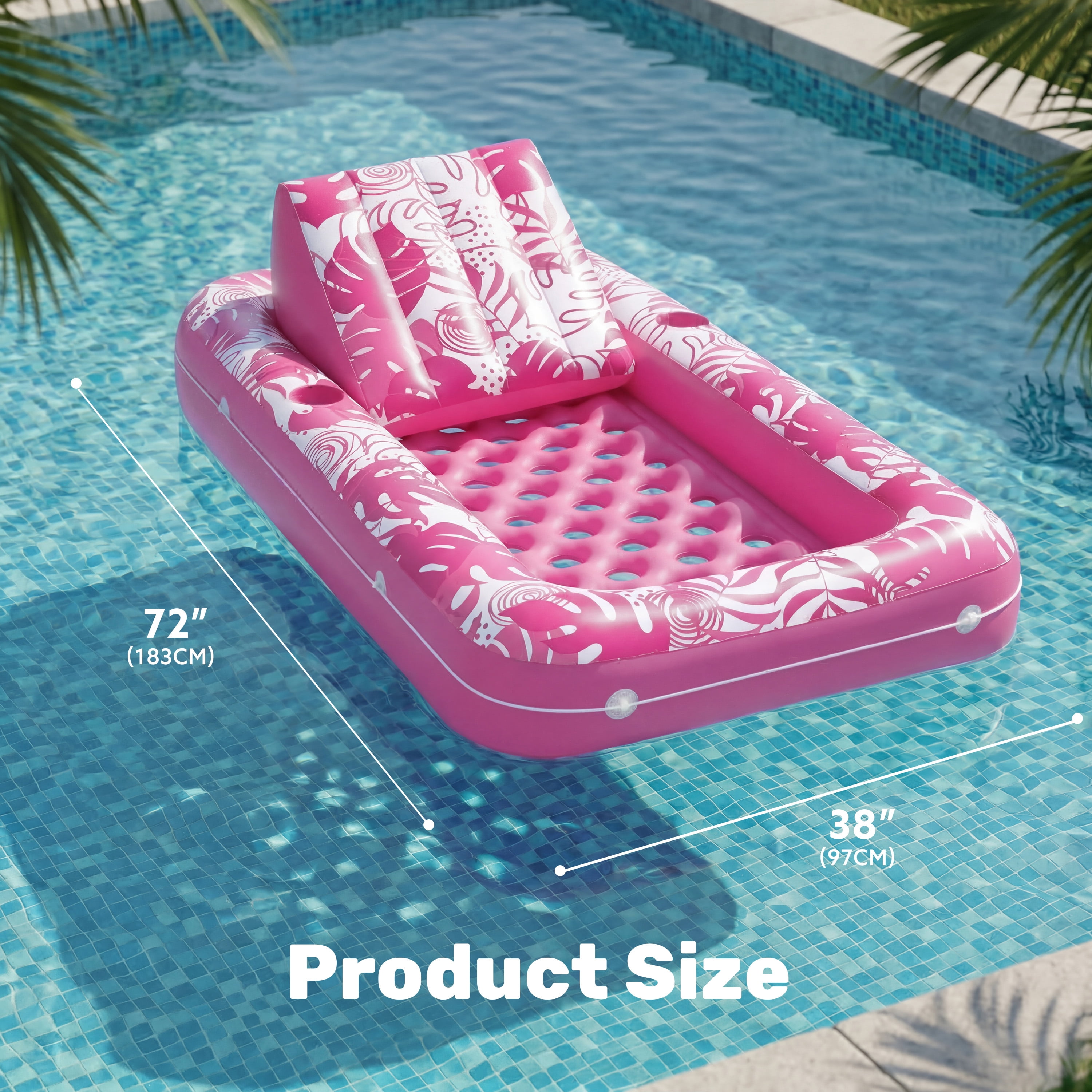 Joyfy Inflatable Pool Floats for Adults, 72" x38'' Daybed Pool Lounger Adults with Cup Holders, Adjustable Backrest Tanning Lounger Chair, Ultra-Comfort Pool Floaties Raft Lake Beach Float(Pink)