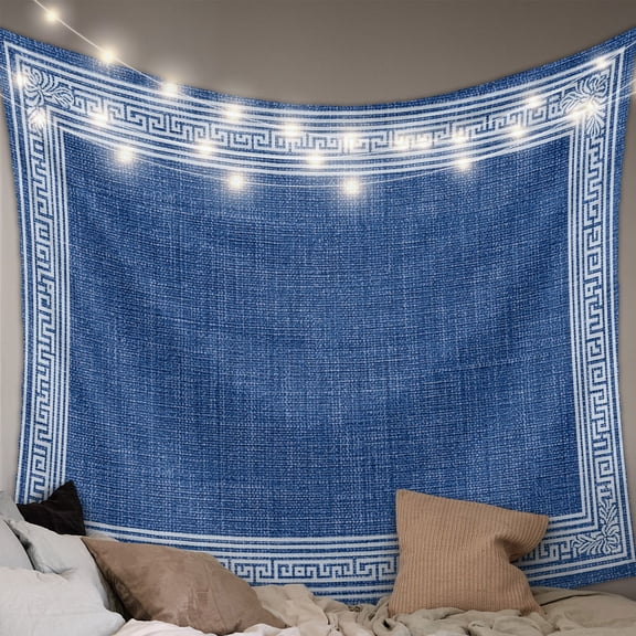 Dark Blue Retro Greek Key Tapestry for Bedroom Wall Hanging Tapestry, Geometric Greece Ancient Rustic Ceiling Backdrop Tapestries Poster Blanket Wall Decor for Teens Room Living Room Dorm 39" x 59"