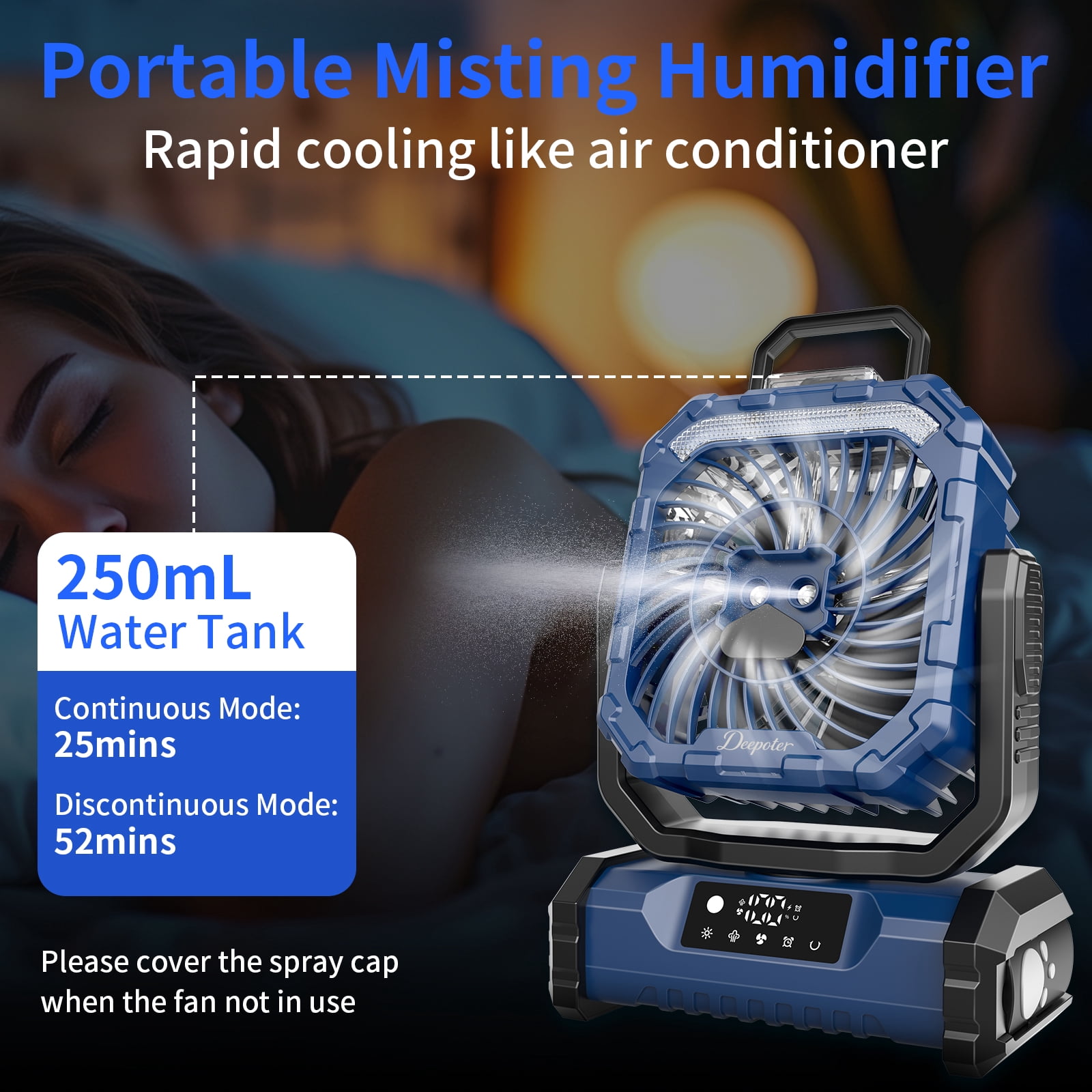 Camping Fan with LED Light, 20000mAh Battery Operated Rechargeable Camping Misting Fan with Hanging Hook, Outdoor Tent Cooling Mist Fans for Home, Office, Car RV, Garden, Travel, Beach - Blue